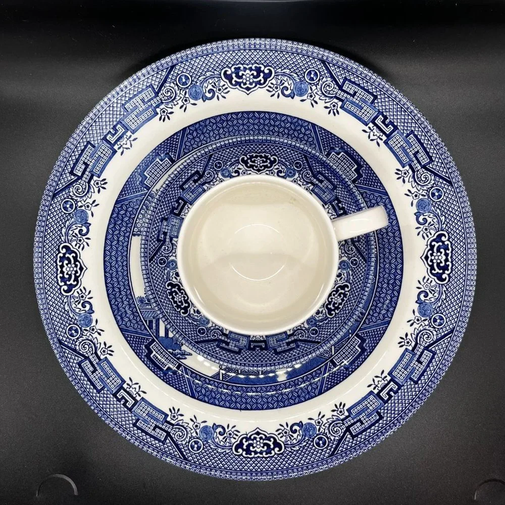 Blue Willow 3 Piece Set-Dinner Plate, Cup and Saucer by Churchill NIB